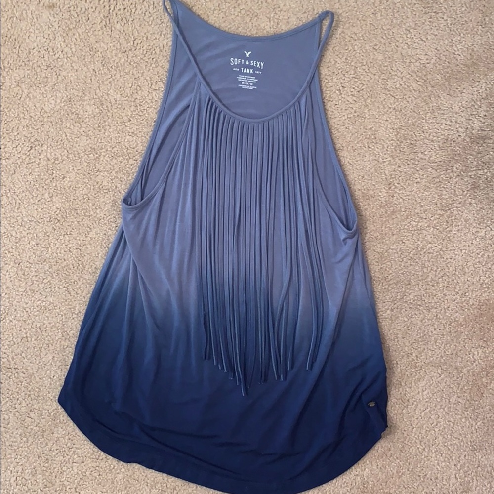 AEO Blue Ombré Fringe Tank